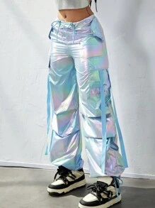 Y2K Holographic Laser Flap Pocket Side With Tape Drawstring Waist Wide Leg Parachute Cargo Pants Daily Casual Comfy Trousers Party Festival Outfit