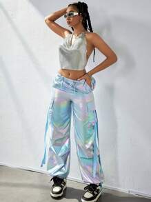 Y2K 全息激光翻盖口袋侧边带抽绳腰部阔腿降落伞工装裤日常休闲舒适长裤派对节日