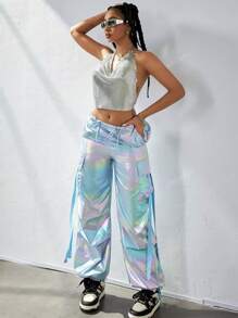 Y2K Holographic Laser Flap Pocket Side With Tape Drawstring Waist Wide Leg Parachute Cargo Pants Daily Casual Comfy Trousers Party Festival Outfit