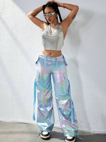 Y2K 全息激光翻盖口袋侧边带抽绳腰部阔腿降落伞工装裤日常休闲舒适长裤派对节日