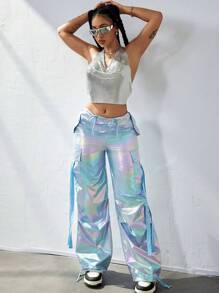 Y2K Holographic Laser Flap Pocket Side With Tape Drawstring Waist Wide Leg Parachute Cargo Pants Daily Casual Comfy Trousers Party Festival Outfit