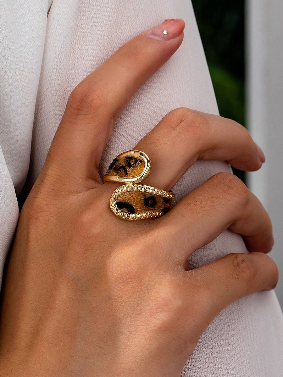 1pc Classic Leopard Print PU Leather Ring, Women's Basic Thick Band, Autumn/Winter - Multicolor - View 1