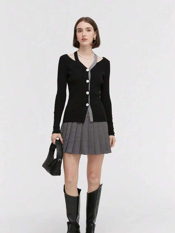 Suéter tipo cardigan para mujer con contraste de colores, escote en V, botones delanteros y mangas largas caladas