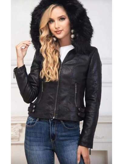 Chamarra de vinipiel cálida con forro por dentro, y con gorro de Peluche elegante de alta calidad desmontable