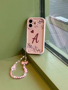 1 个哑光 TPU 软边手机壳 + 1 个粉色蝴蝶结挂绳套装，花卉和字母图案，兼容 iPhone//Redmi 手机 - 彩色 - 查看 3