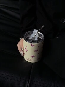 1pc 360ml/12.17oz Bow Knot Heart Shaped Thermal Insulation Mug, Keeps Drinks Hot & Cold, Stainless Steel Straw Cup, Vacuum Bottle Travel And Outdoor Sports, Flat Bottom Cup, Car Cup, Seasonal Beverage Holder, Holiday & Birthday Gift Back To School - Multicolor - View 5