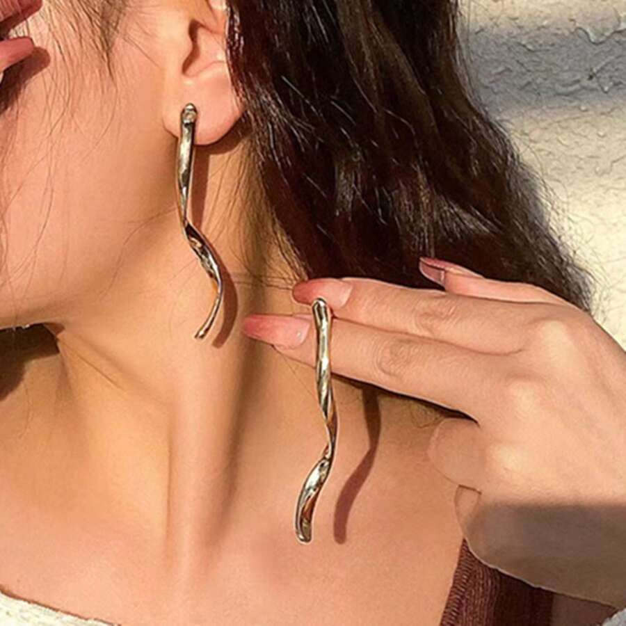2 件简约长款波浪螺旋设计耳环，适合女士 - 螺旋 - 查看 1