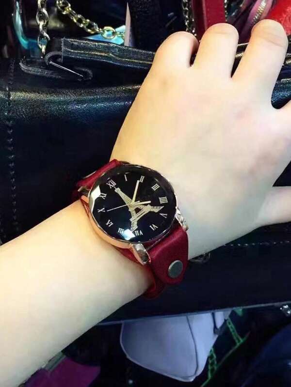 Reloj De Pulsera Cuarzo Con Diseño Vintage De La Torre Eiffel En Forma Redonda Y Números Romanos, Para Hombres Y Mujeres