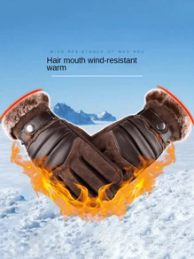 男士保暖内衬骑行手套，冬季保暖，厚 PU 皮革和毛皮，适合摩托车和山地运动，冬季暖手器