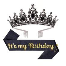 2 件套生日绶带丝带这是我的生日皇冠头饰水钻生日头饰生日绶带带别针生日快乐皇冠和绶带丝带用于生日派对舞会装饰新娘头饰