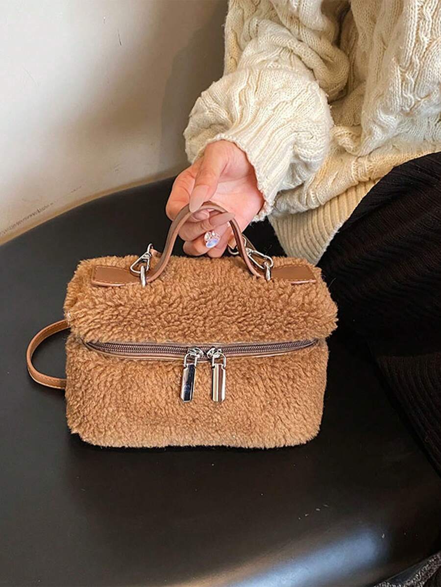 Women's Soft Fluffy Crossbody Bag Fluffy Top Handle Shoulder Bag Fall Winter Handbag Small Plush Furry Bucket Purse