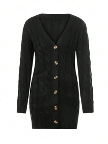 Female Cardigan, Solid Color Long Sleeve Sweater Knitted Coat With Pockets For Spring Fall, S/M/L - Negro - Ver 5
