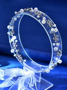 1件优雅新娘腰带，银色闪亮水钻和仿珍珠装饰，时尚女士腰链，婚礼情人节配饰