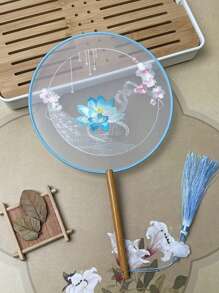 1 Stück vintage Handventilator, chinesischer runder Fächer mit Seide-Stickerei, Kranich-Blumen Heim- und Raumdekoration, Tanzfächer mit Quasten, Party-Requisiten, Weihnachts-, Valentinstags- und Neujahrgeschenk