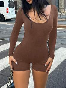 AiTyi 女式连体裤，休闲简约修身款，性感百搭户外运动，毕业，返校，秋季长袖罗纹针织连体裤 - 咖啡棕 - 查看 2