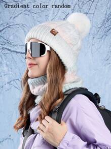 OBOVAY Conjunto de gorro y bufanda con forro térmico y degradado de color aleatorio para mujer, gorro de punto con pompón y bufanda infinita cálida, apto para esquiar y uso diario - Gradiente - Ver 3