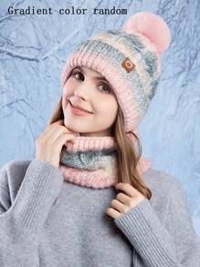 OBOVAY Conjunto de gorro y bufanda con forro térmico y degradado de color aleatorio para mujer, gorro de punto con pompón y bufanda infinita cálida, apto para esquiar y uso diario - Gradiente - Ver 4