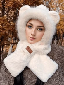 1set Women's Plush Bear Hat & Scarf Combo, Thicken Fleece Warm Earflap Hat For Winter