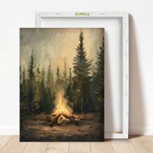 1 件，帆布挂画，乡村篝火画，喜怒无常的松树海报印刷品，露营主题墙艺术，小屋墙壁装饰，复古森林绘画，深色墙壁艺术