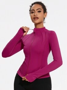 VUTRU女式修身運動夾克，帶拇指孔和立領 - 玫紅色 - 查看 8