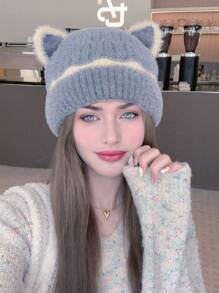 1 件装可爱耳饰针织冬帽，女士，温暖舒适，大头围，适合秋冬季情人节