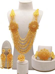 1 Set (2 piezas de aretes, 1 pieza de anillo, 1 pieza de brazalete, 1 pieza de collar) de aleación de cobre bañado en oro de 24K con diseño exagerado de estilo nupcial de Medio Oriente y Dubai para mujeres
