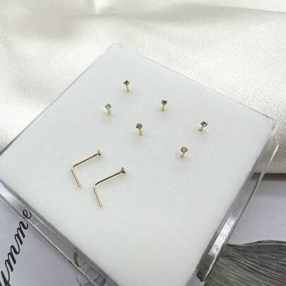 6pcs 1.5mm Rhinestone L-Shape Nose/Ear Studs 925 Sterling Silver Body Piercing Nose Pins, Suitable For Women/Girlfriend