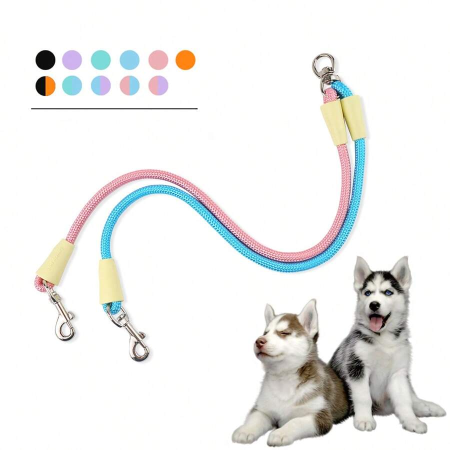 多巴胺彩色双狗牵引绳，带软握柄 - 耐用，适合训练、散步和户外娱乐 - 非常适合露营和后院玩耍，适合各种大小的宠物，长狗训练牵引绳，尼龙长宠物牵引绳，双牵引绳，适合小型/中型犬 - 彩色 - 查看 1
