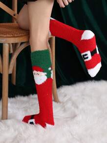 1 双圣诞珊瑚绒袜子，女士中筒厚款保暖袜，适合秋冬季 - 紅色 - 查看 4