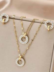 4pcs/Set Golden Stainless Steel Lips Chain & Cz Square & Circle Necklace & Bracelet & Earrings Combination Set, Y2k Style Fashionable Accessory For Women, Couples, Streetwear, Daily Wear, Office, Festival And Party Outfits