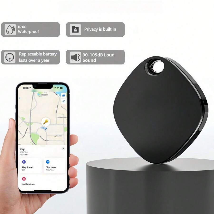 智能标签蓝牙行李追踪器，IP68 防水空气追踪器查找我的（仅限 IOS），钥匙、行李、背包、钱包的查找器定位器，黑色 - 黑色 - 查看 1