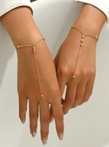 1 件女士不锈钢金色串珠圆形锆石装饰全指戒指时尚珠宝，18K 镀金 - 金色 - 查看 2