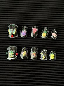 Y2K 方形手工可穿戴指甲贴，10 件/包，多色指甲贴，带水钻，创意图案撞色设计女士美甲套装 - 彩色 - 查看 4