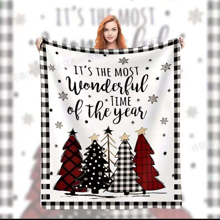 1 件圣诞树和雪花图案数码印花法兰绒软毯，居家和旅行的最佳礼物 - 彩色 - 查看 1