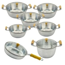 Set Of Pots, Pans And Cauldron Glass Lid, Cast Aluminum, Wooden Handle - Silver - View 1