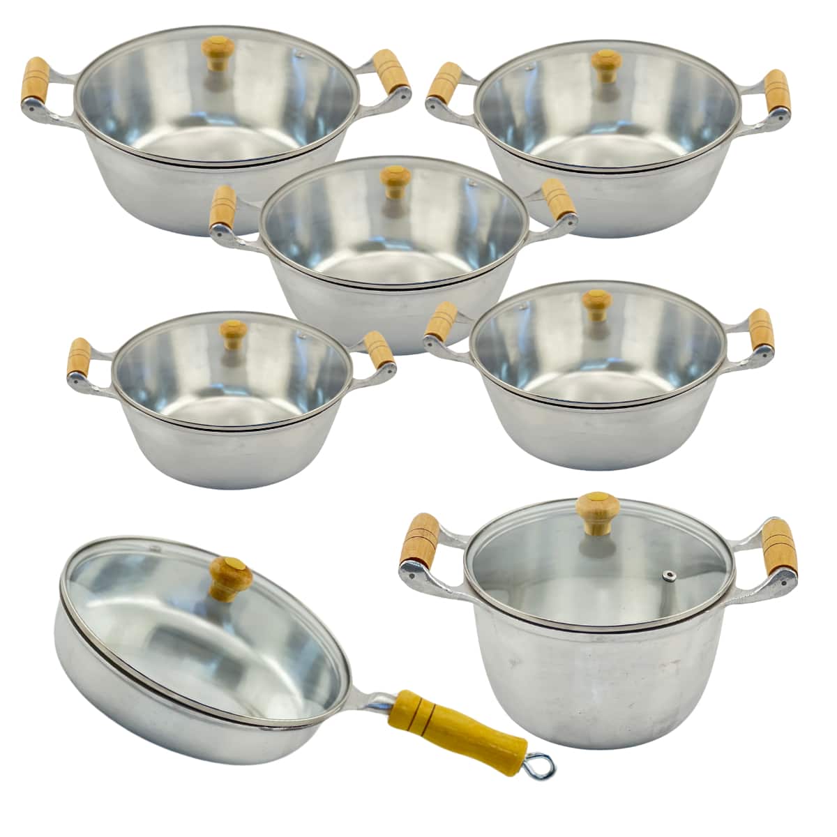 Set Of Pots, Pans And Cauldron Glass Lid, Cast Aluminum, Wooden Handle - Silver - View 1