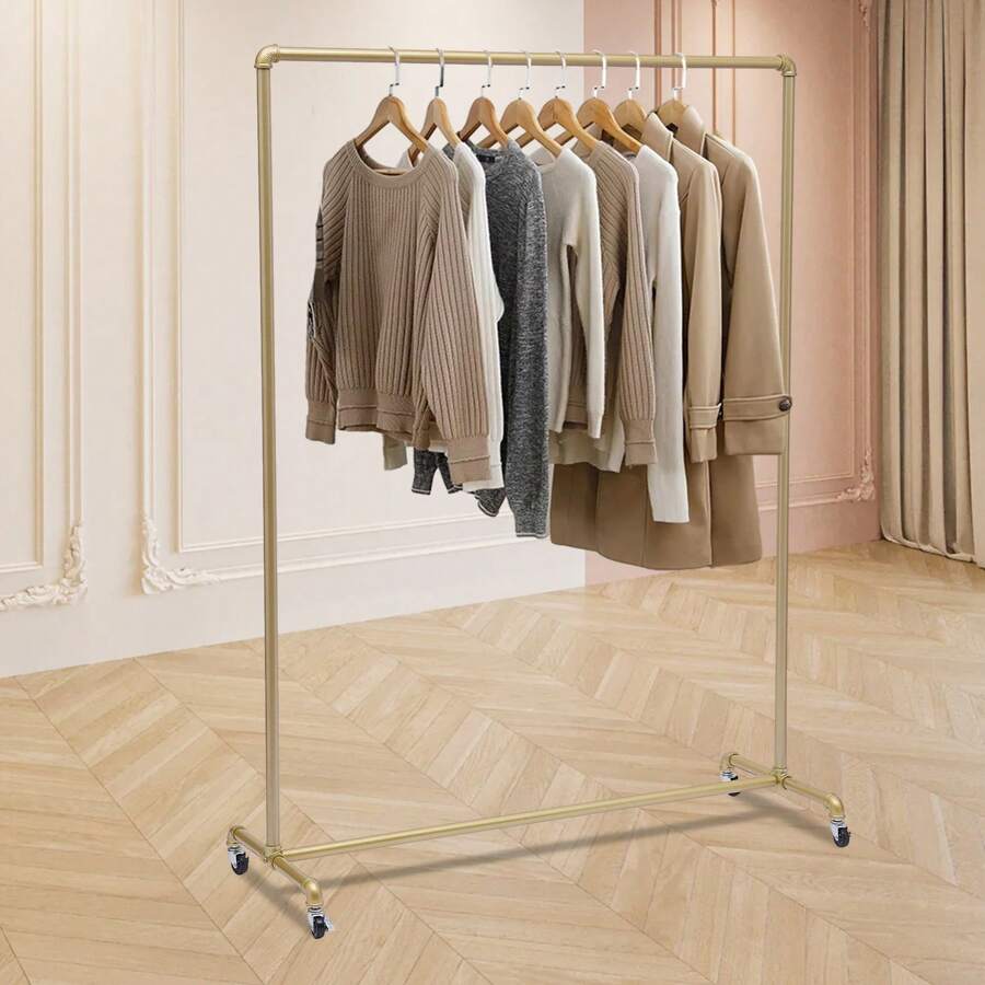 Miumaeov Clothes Clothing Rack, Rolling Clothes Rack Load 100 LBS With Wheels, Metal Clothes Rack For Hanging Clothes, Portable Standing Clothes Garment Rack, Gold, 47.2*15.7*63 Inches Coat Rack Back To School Travel Essentials Room Decor, Home Decor, Bedroom Decor Storage Organization And Storage - Gold - View 1