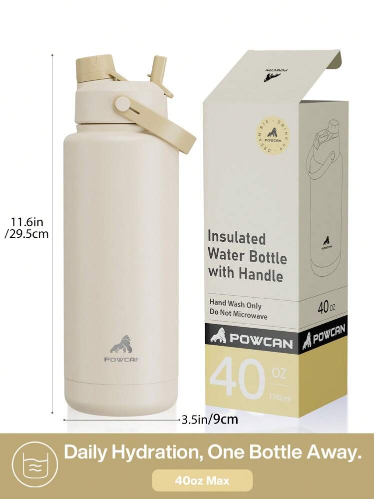 40oz Insulated Water Bottle With 2-In-1 Straw Lid, 24 Hours Cold Retention, Leak-Proof, Stainless Steel Double Wall, Suitable For Sports, Fitness, Travel And School - Oatmeal - View 3