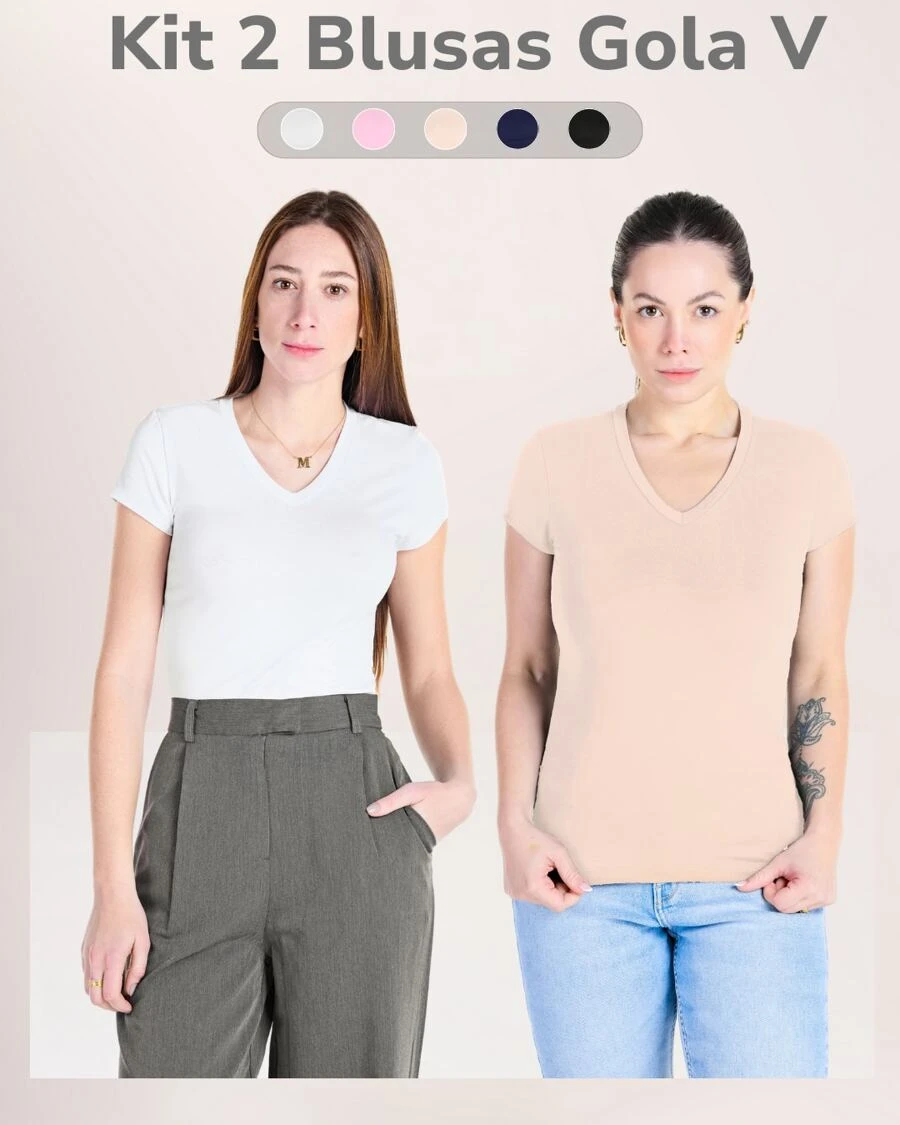 Kit 2 V-Neck T-Shirts In Viscolycra - Basic Casual Women's Shirt - 白色+裸色 - 查看 1