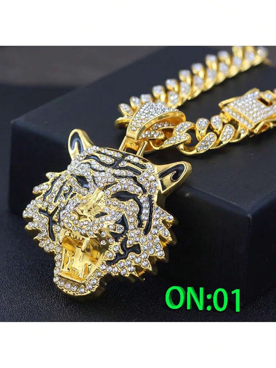 1 件 3D 老虎嘻哈链项链，3D 立体效果，百兽之王，闪闪发光，镶嵌，适合不同场合的百搭款式，虎头项链，链，奢华设计 - 查看 1
