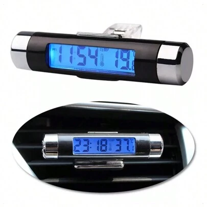 Reloj De Pared Digital Con Termómetro Y Luz Led Para Auto, visualización LCD digital con clip en el reloj del coche, termómetro medidor de temperatura, mini reloj con retroiluminación para camión y coche (Fondo azul) termometro portatil