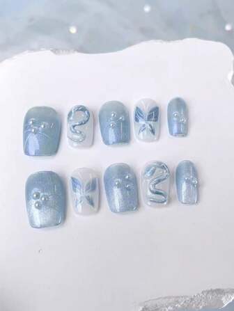 1 套 10 件手工短款 UV 凝胶指甲贴，蝴蝶和猫眼设计，轻盈奢华，多功能亮泽，按压式可拆卸假指甲 美甲用品 美甲