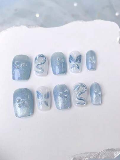 1 套 10 件手工短款 UV 凝胶指甲贴，蝴蝶和猫眼设计，轻盈奢华，多功能亮泽，按压式可拆卸假指甲 美甲用品 美甲