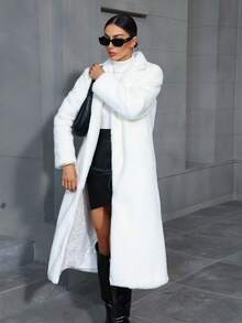 Women's Solid Color Lapel Collar Long Fluffy Coat For Autumn/Winter - White - View 3