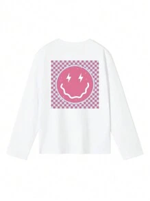 1pc Tween Girl Casual Lightning & Smiling Face Print Crew Neck Long Sleeve T-Shirt, Stylish Tee For Students, Lightning Graphic Design Represents Be Brave & Dare To Dream, Autumn