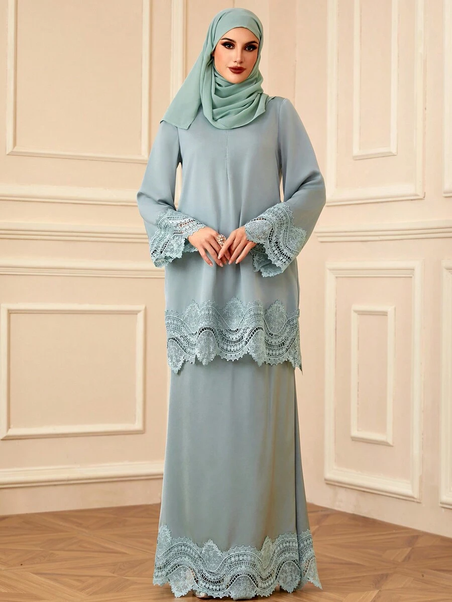 2pcs/Set Women's Solid Color Lace Trim Elegant Modest Long Sleeve Top And Skirt Set - Mint Green - View 1