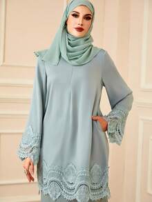 2pcs/Set Women's Solid Color Lace Trim Elegant Modest Long Sleeve Top And Skirt Set - Mint Green - View 6