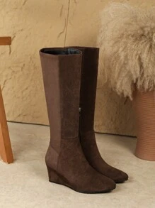 Botas altas para mujer con puntera puntiaguda, tacón de cuña, fuste, de marca europea de tendencia, para otoño e invierno