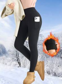 1 pieza Leggings deportivos de invierno con costuras y bolsillos, aptos para fitness, actividades al aire libre y caminar