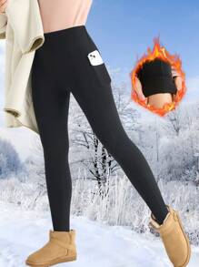 1 pieza Leggings deportivos de invierno con costuras y bolsillos, aptos para fitness, actividades al aire libre y caminar
